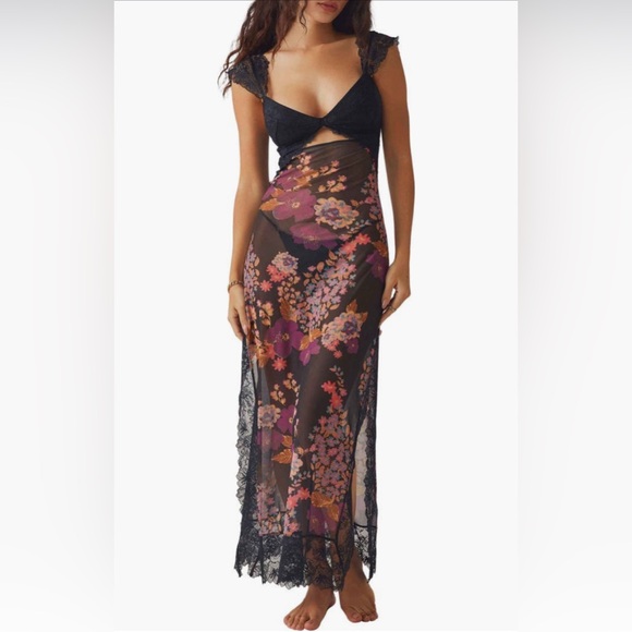 Free People Other - Free People Suddenly Fine Floral Print Cutout Lace Trim Nightgown NWOT